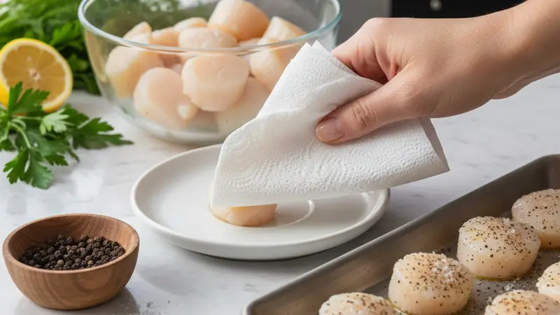 Trim, dry, and season scallops