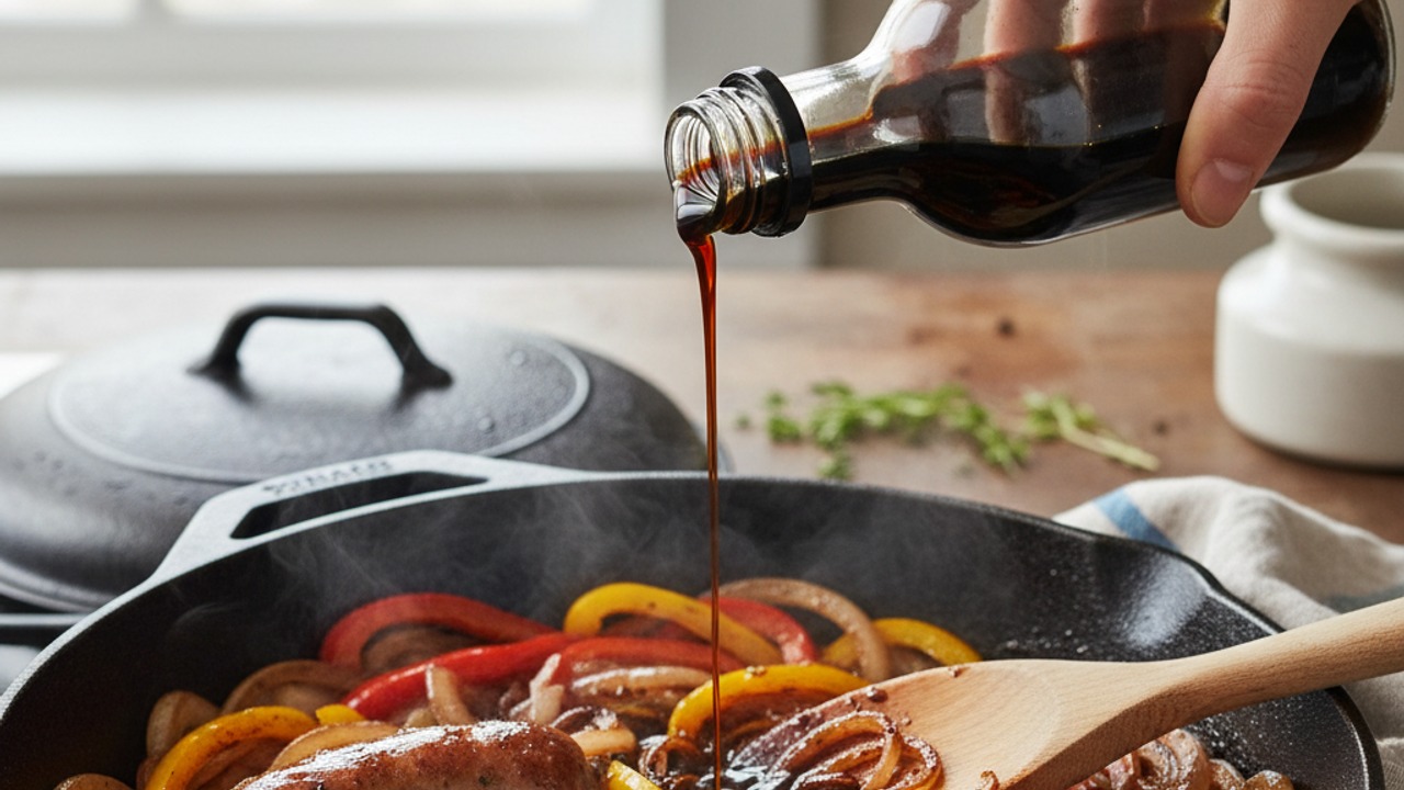 Deglaze with balsamic and simmer with sausages