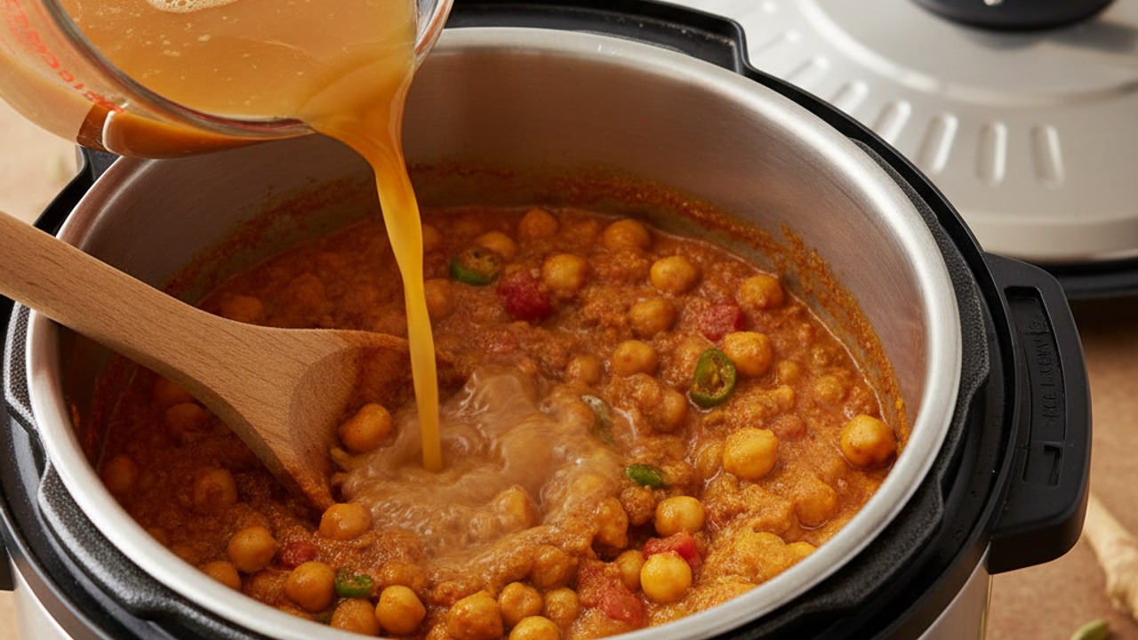 Add chickpeas and liquid, then pressure cook