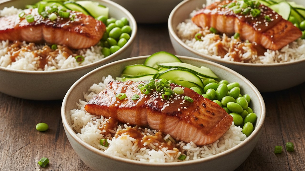 Assemble the miso glazed salmon bowls