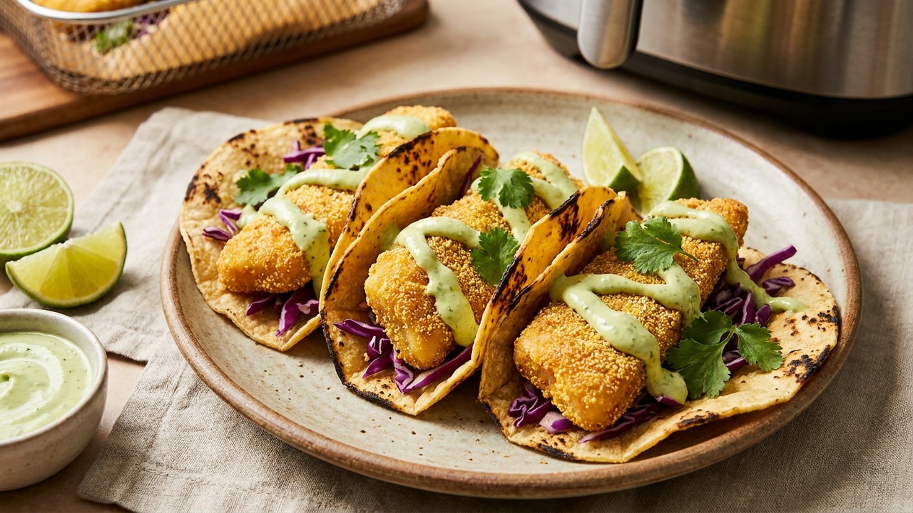Crispy Gluten-Free Cornmeal Fish Tacos with Avocado Lime Crema