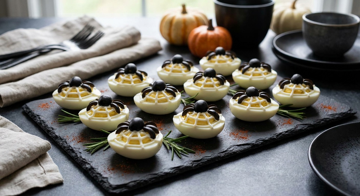 Spider Web Deviled Eggs with Olive Spiders (Appetizer)