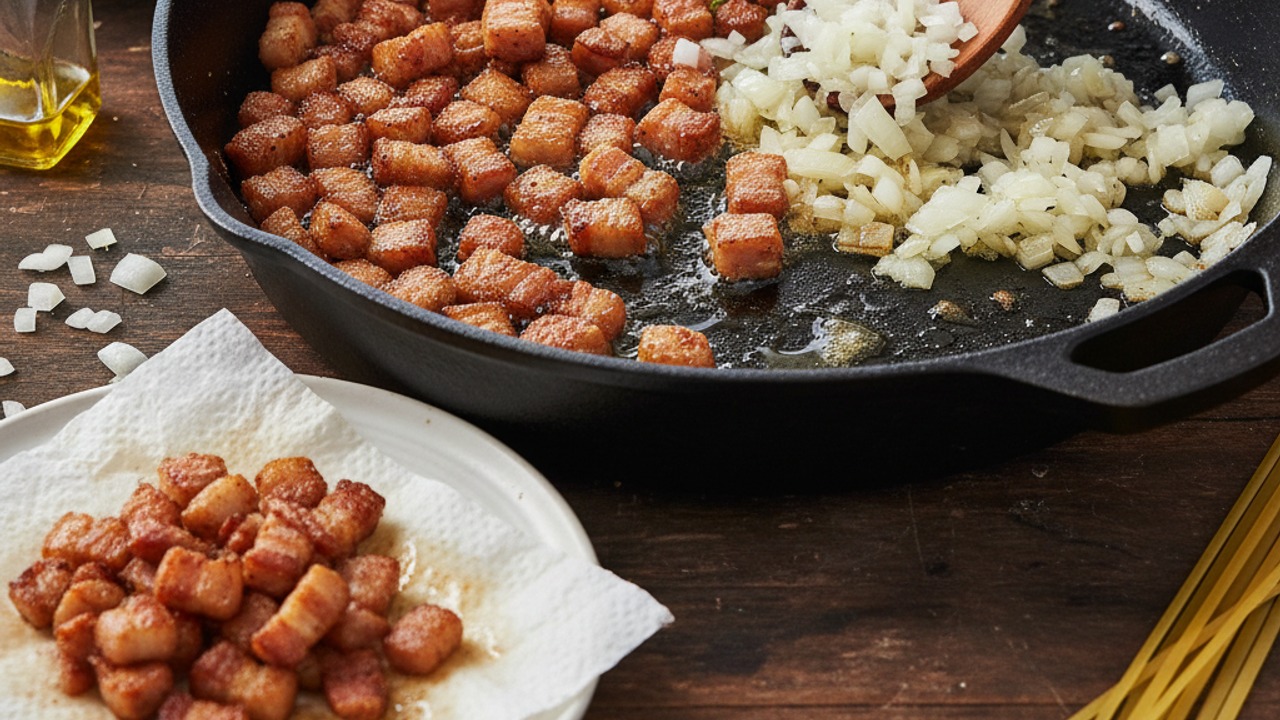 Crisp the pancetta and sauté aromatics