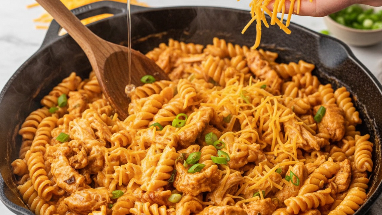Combine pasta, chicken, and cheese