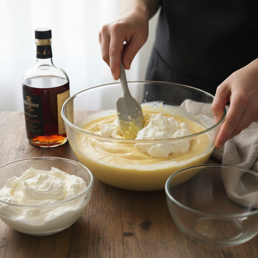 Fold in cream, beaten whites and (optional) alcohol