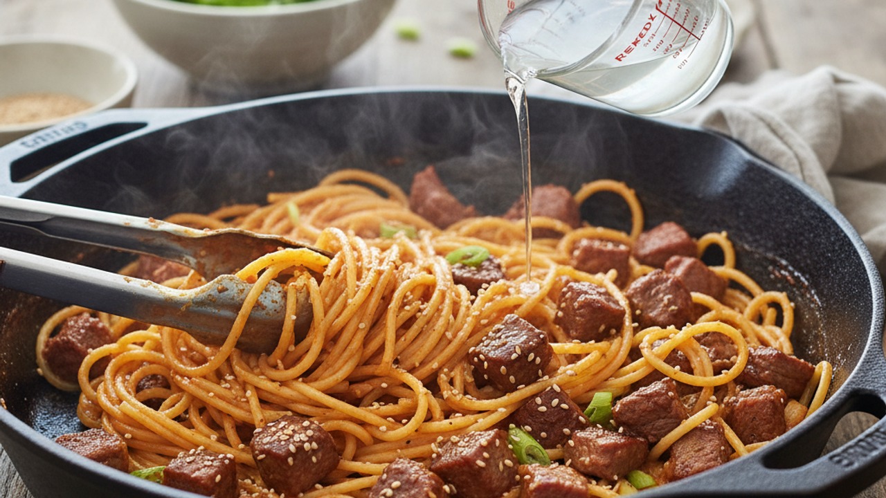 Toss pasta with sauce and beef