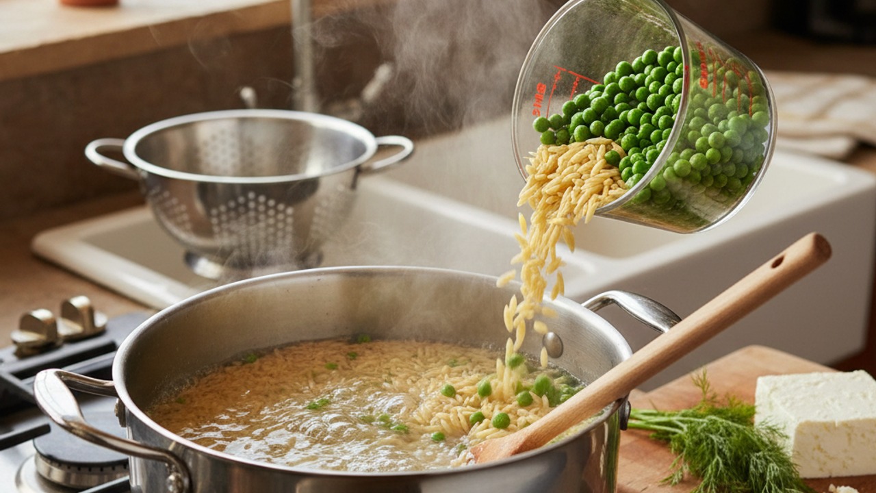 Cook the orzo and peas