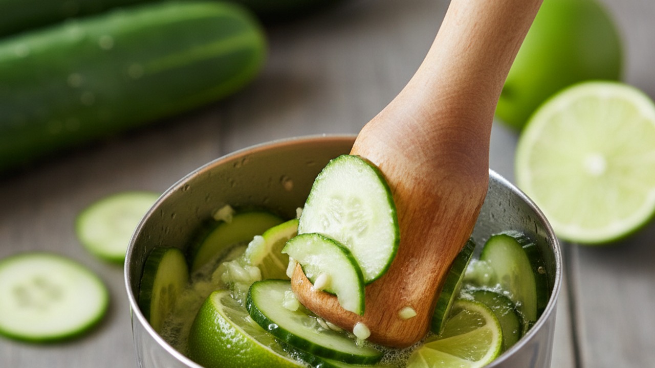 Muddle cucumber, lime and sweetener