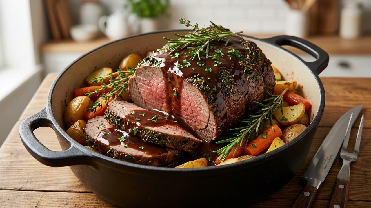 Stovetop Dutch-Oven Herb-Crusted Beef Roast with Pan Gravy