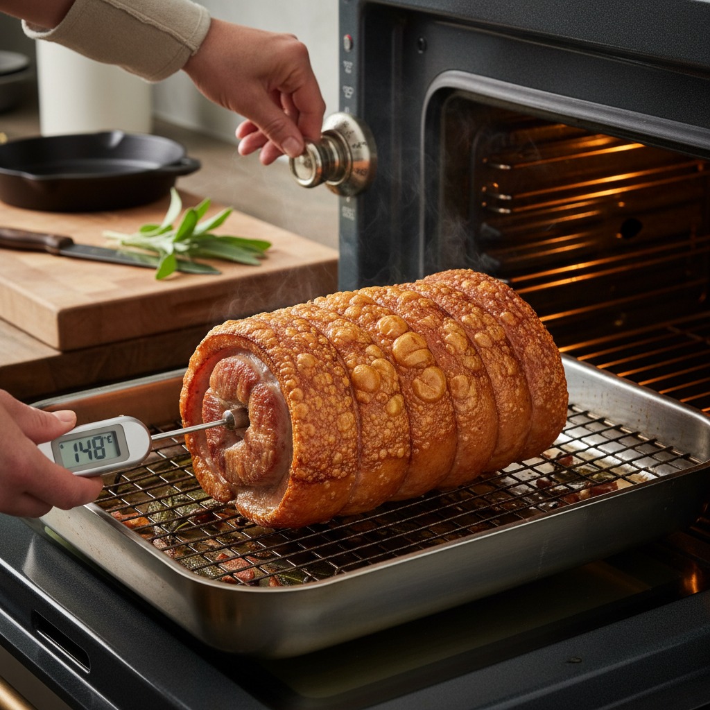Roast (oven or grill) to crisp the crackling and finish cooking