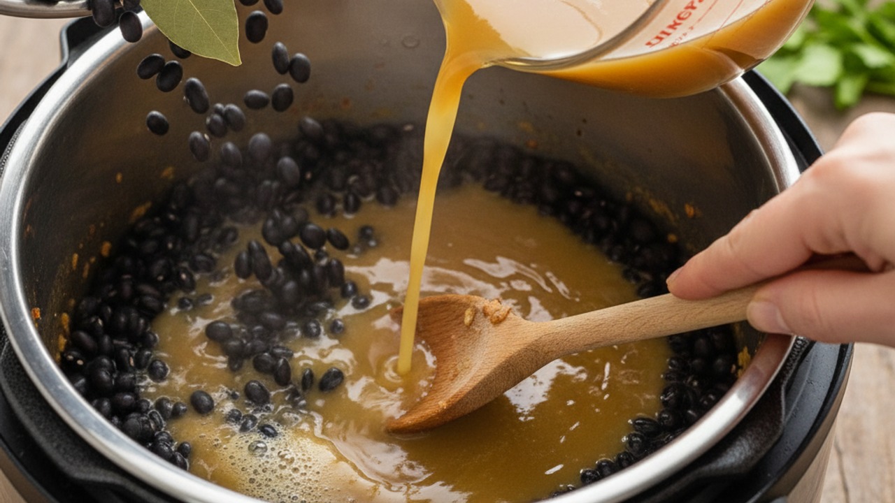Add beans, bay leaf, and liquid