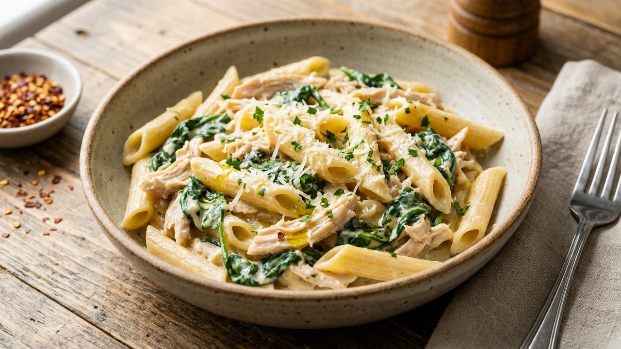 One-Pot Rotisserie Chicken Florentine Pasta (20-Minute Stovetop)