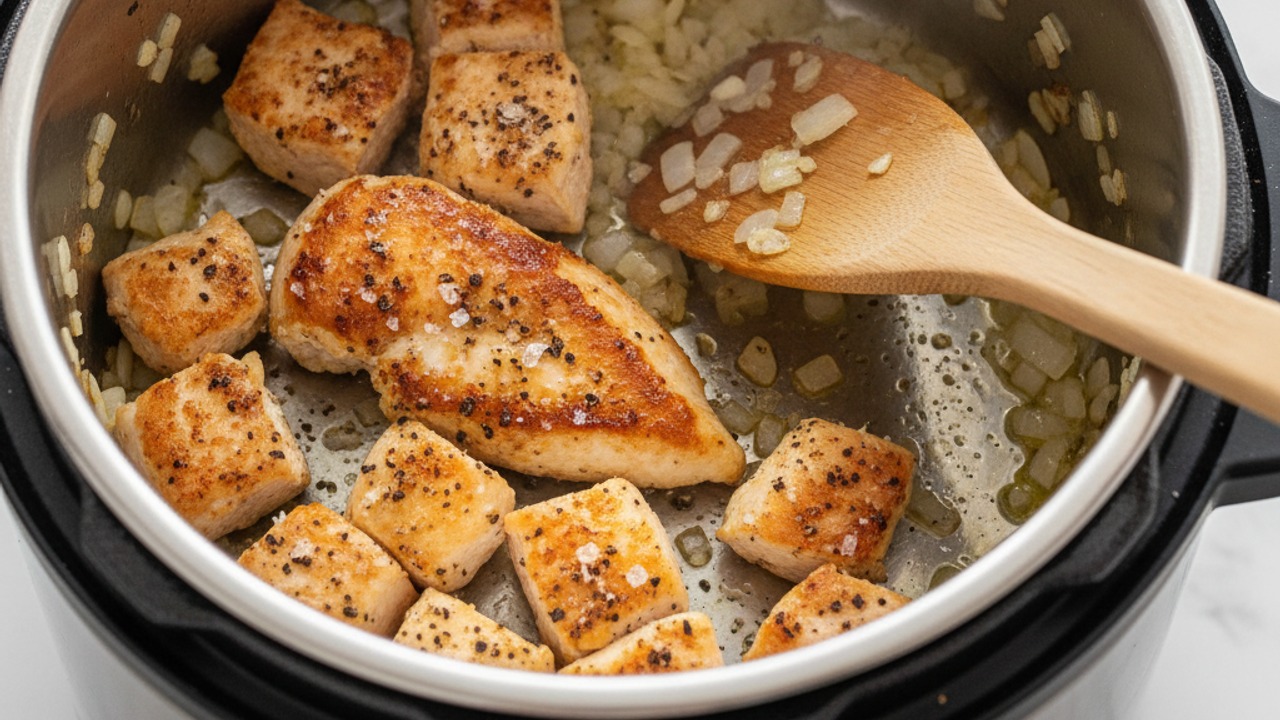 Sauté aromatics and brown the chicken