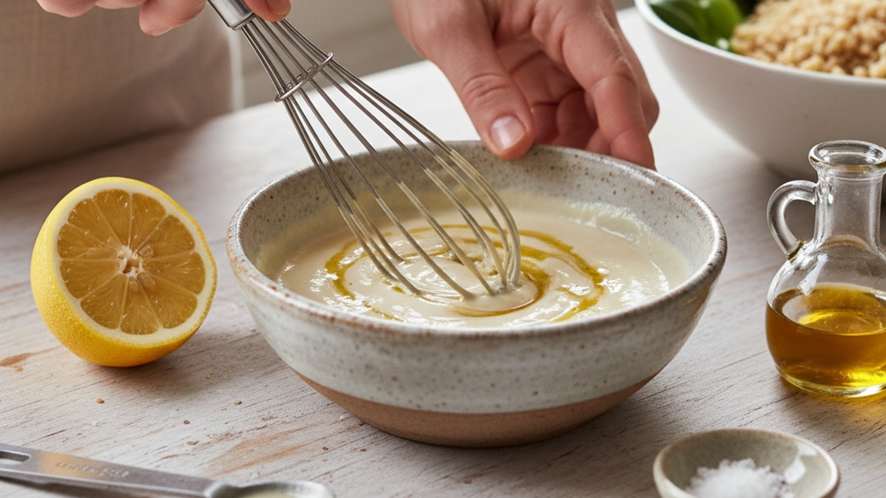 Whisk the lemon-tahini drizzle