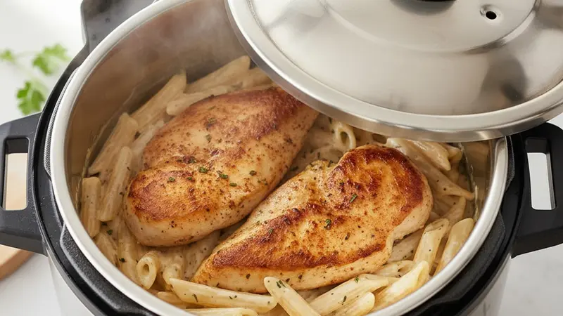 Pressure-cook the pasta and chicken