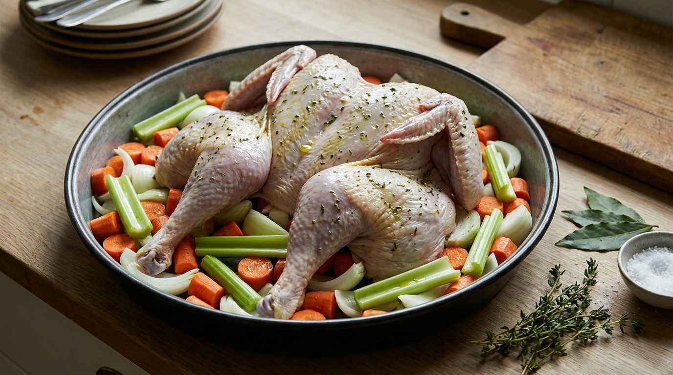Prepare the roasting pan and aromatics