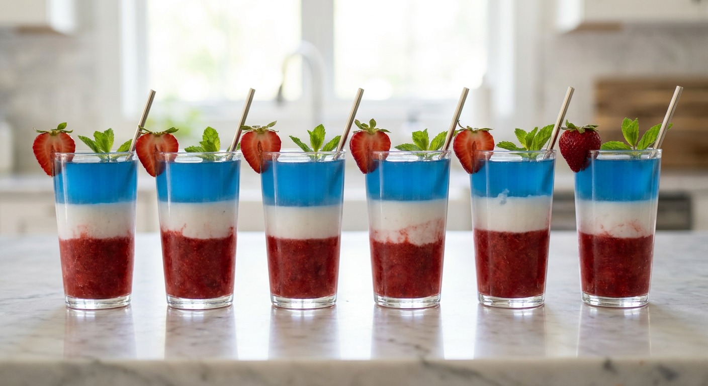 Flag Cocktail Slush: Strawberry Puree, Coconut Cream & Blue Curaçao