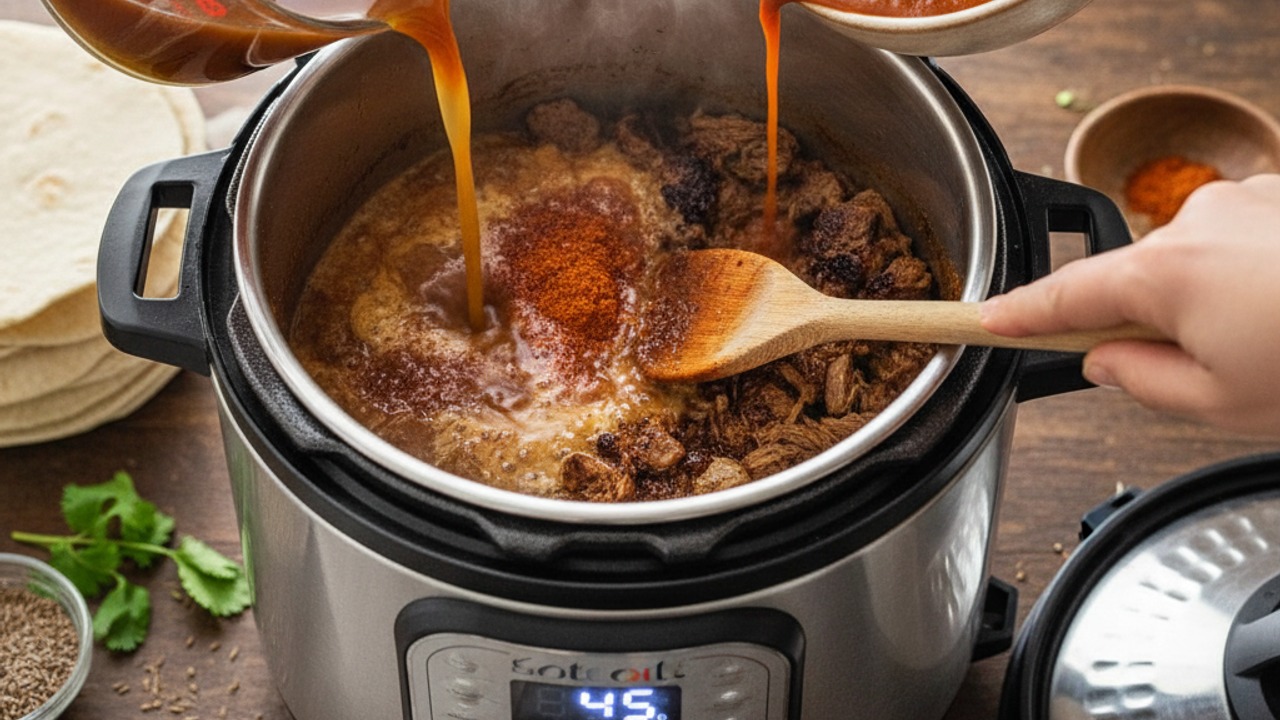 Add liquids and pressure-cook