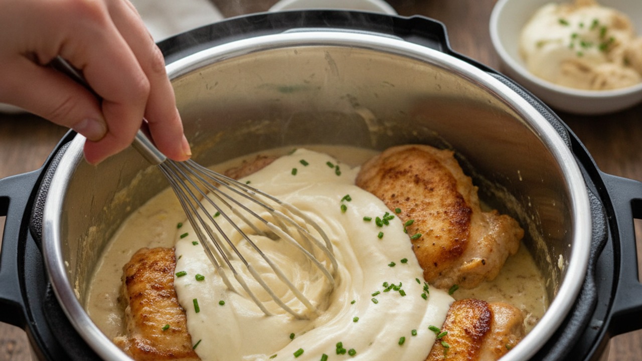 Finish the creamy sauce and serve