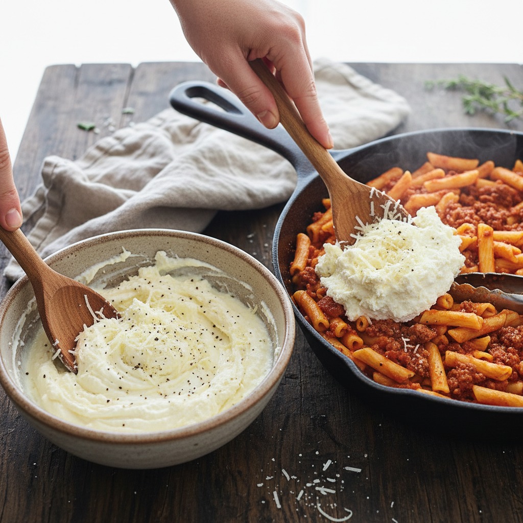 Mix cheeses and combine with pasta
