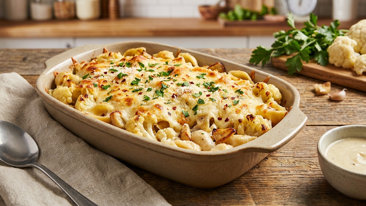 Gluten-Free Baked Pasta Casserole with Cauliflower Alfredo