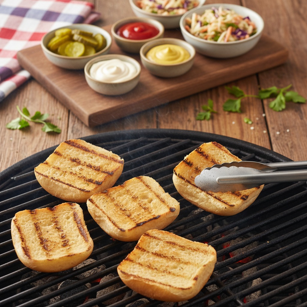 Toast buns and set up toppings