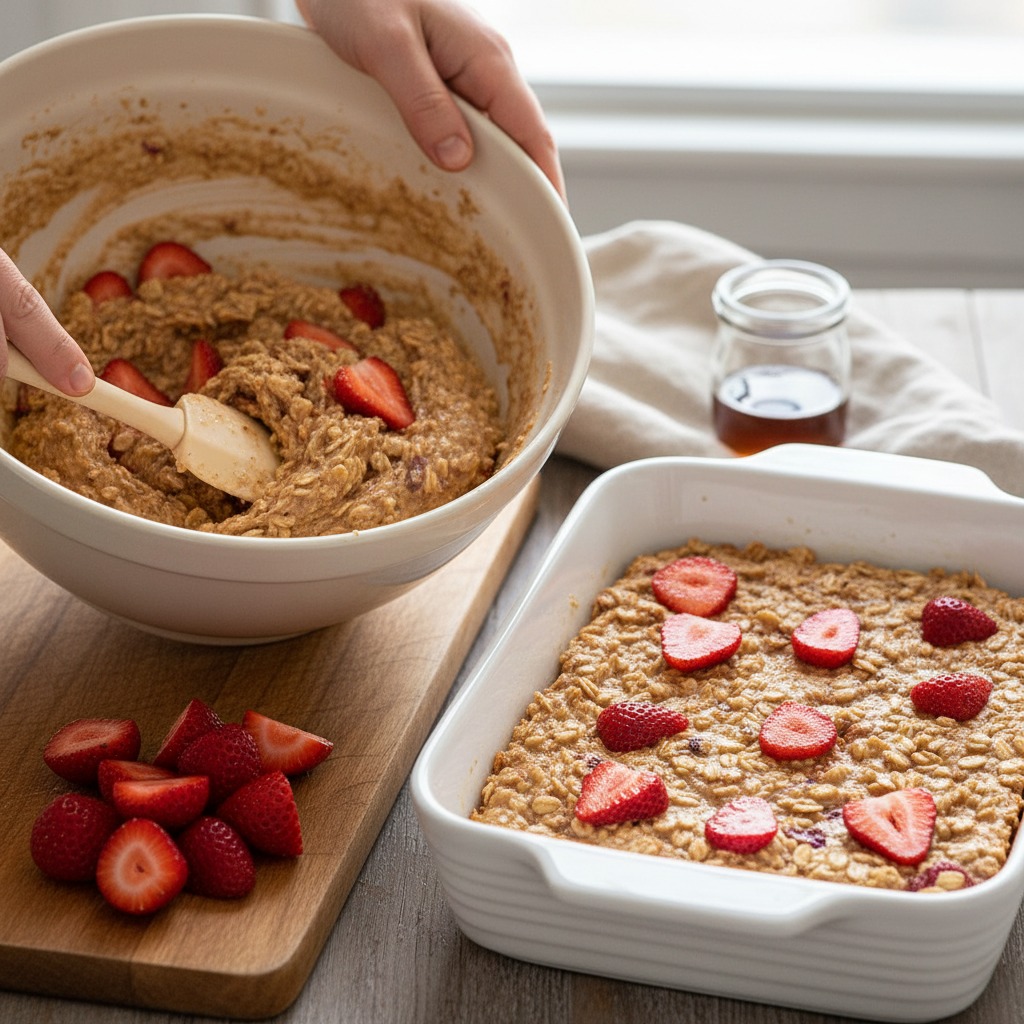 Fold in strawberries and arrange in dish