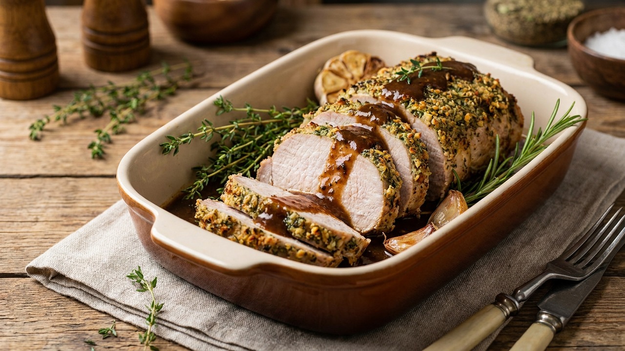 Classic Oven-Roasted Pork Loin with Garlic-Herb Crust and Pan Gravy