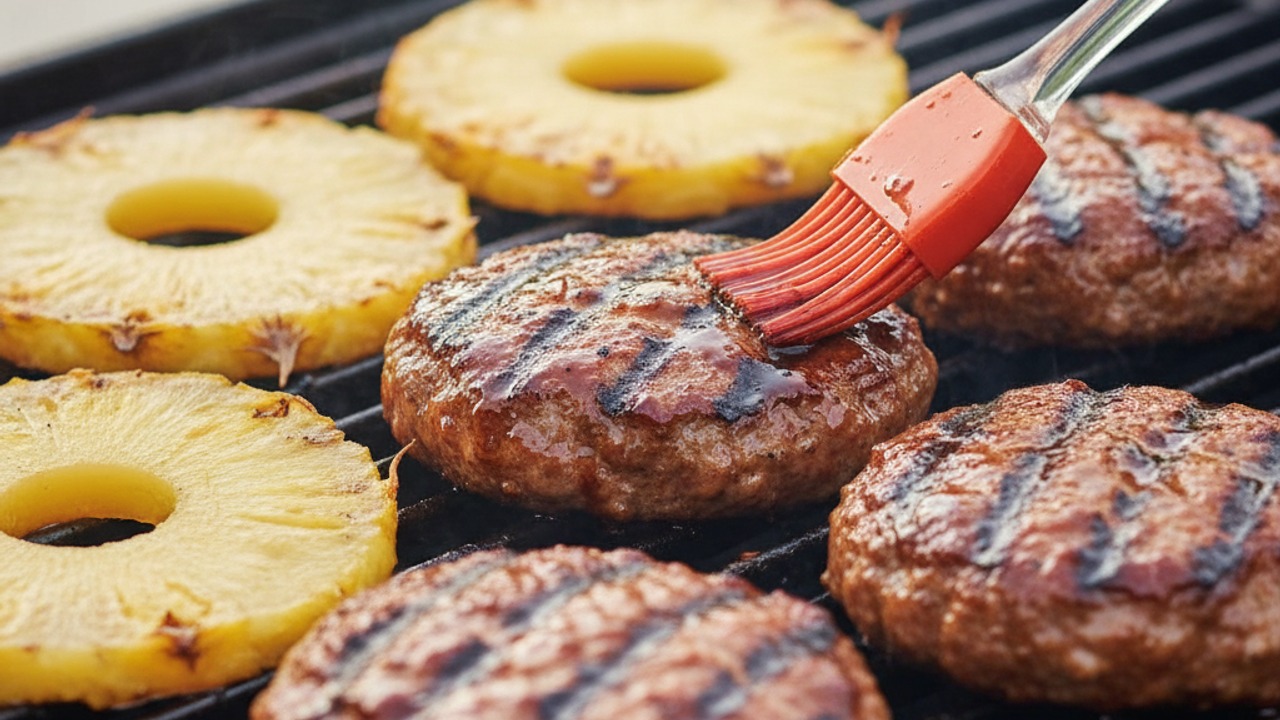 Grill burgers and char the pineapple