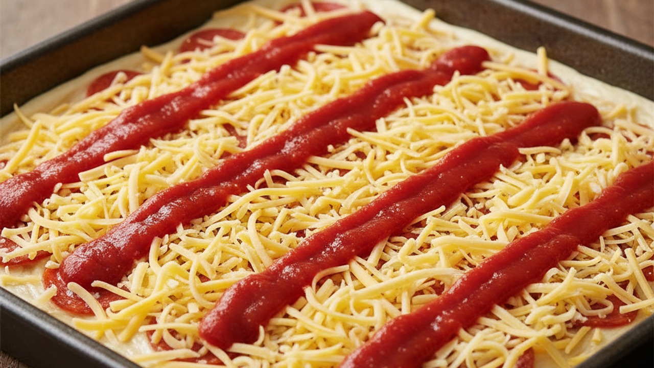 Top: cheese edge-to-edge and sauce stripes