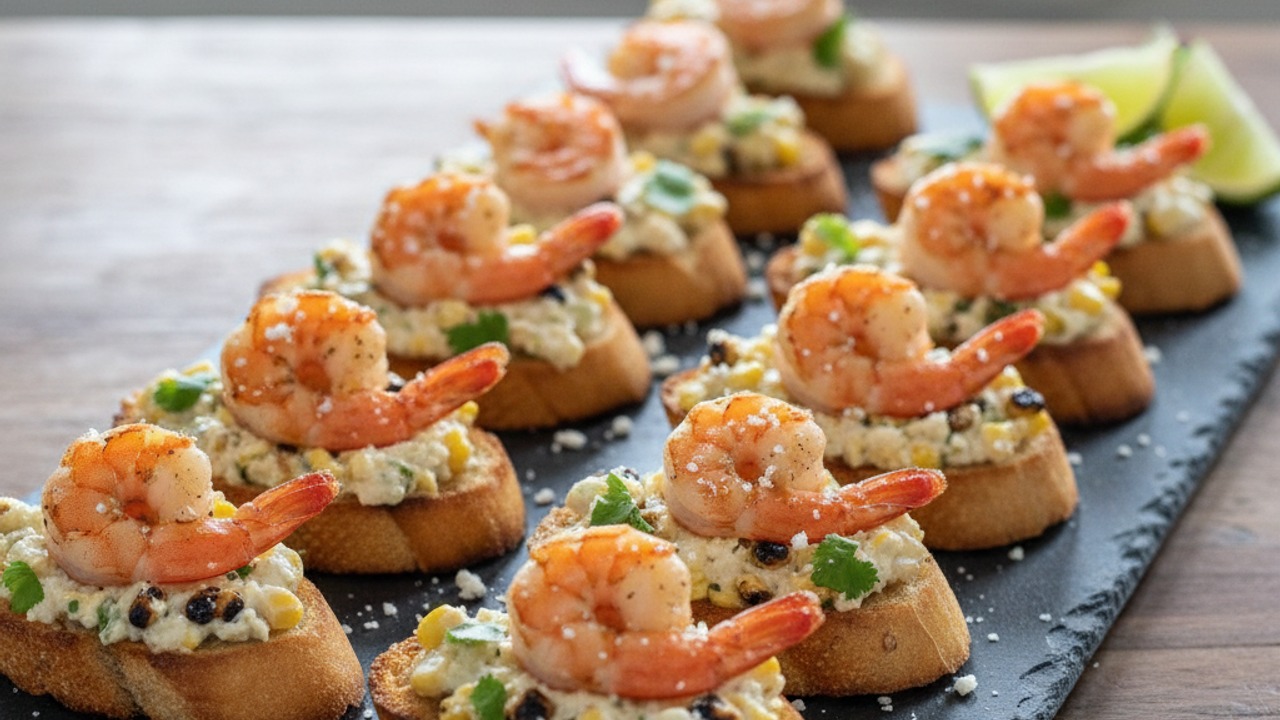 Labor Day Grilled Elote Crostini with Chili‑Lime Shrimp