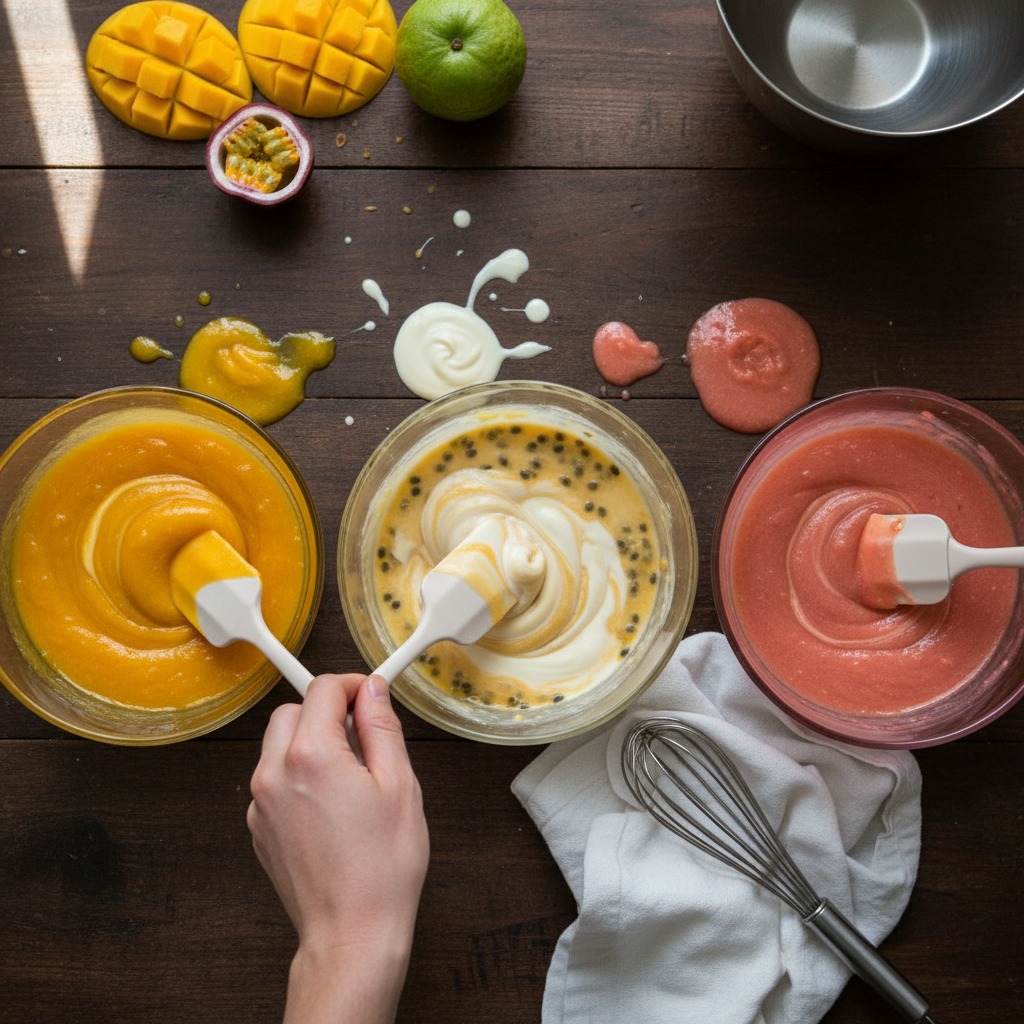 Fold base into each fruit purée