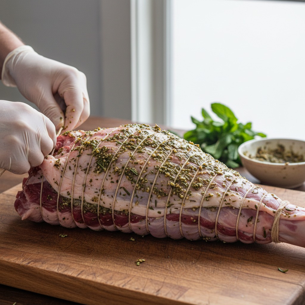 Trim, tie and rub the lamb