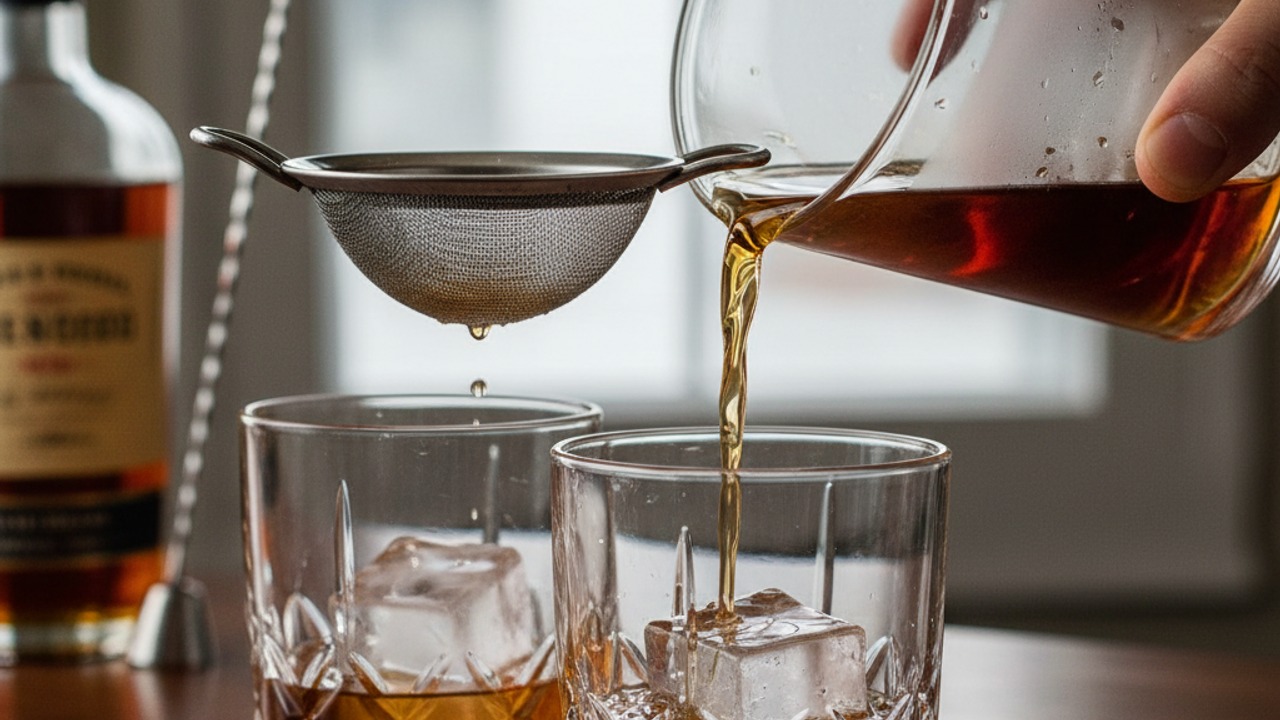 Prepare serving glass and strain
