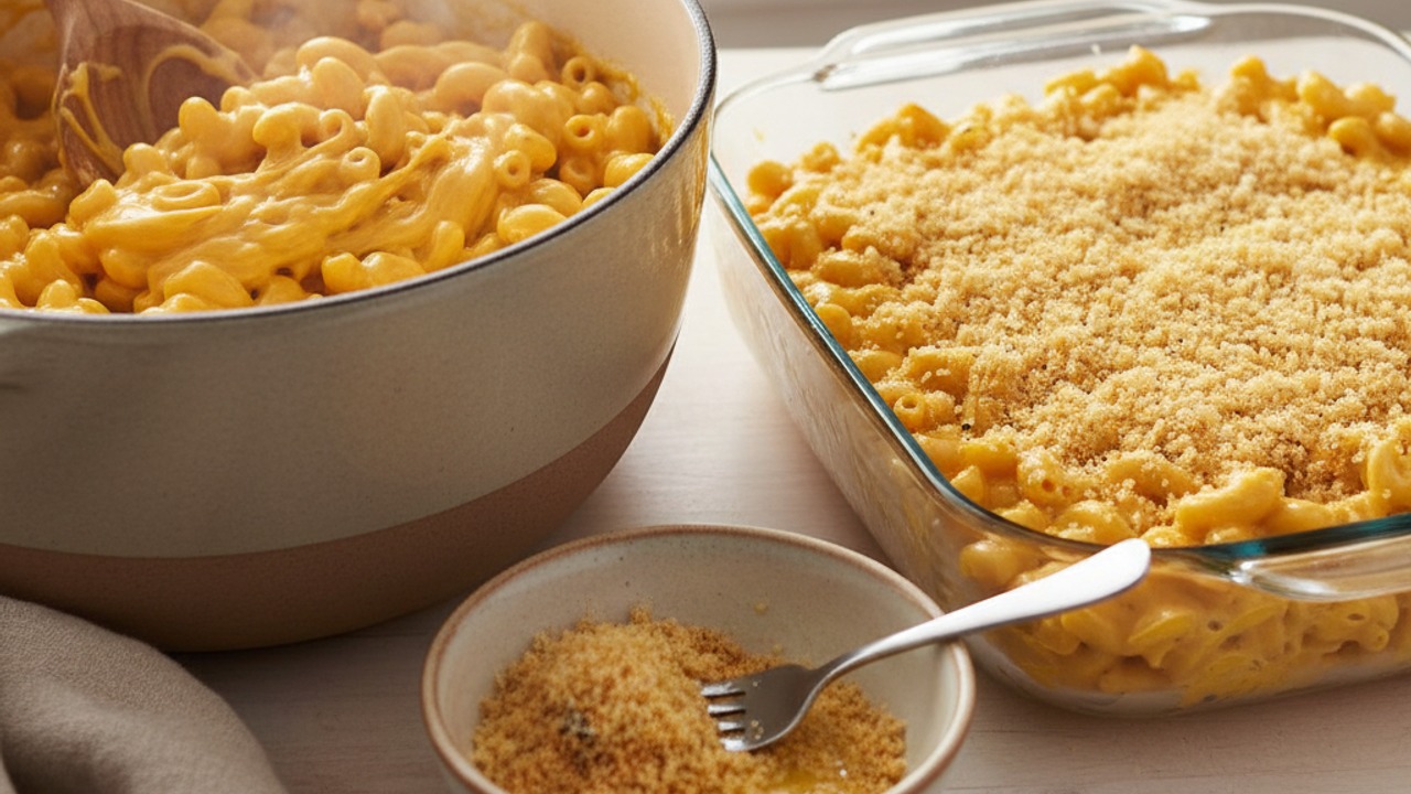 Combine pasta and sauce; prepare the topping