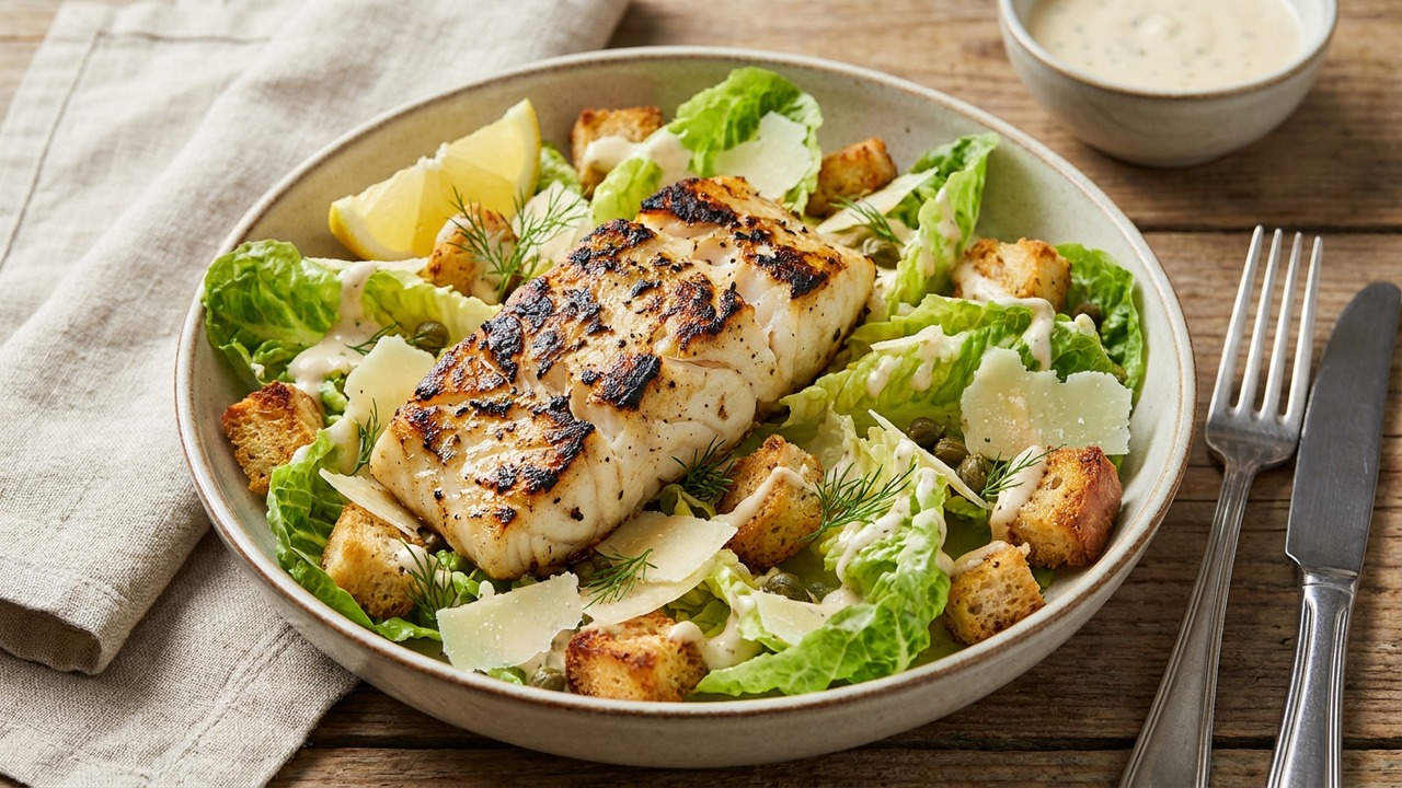 Grilled Cod Caesar Salad