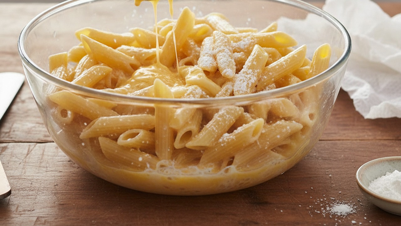 Toss pasta in cornstarch and egg