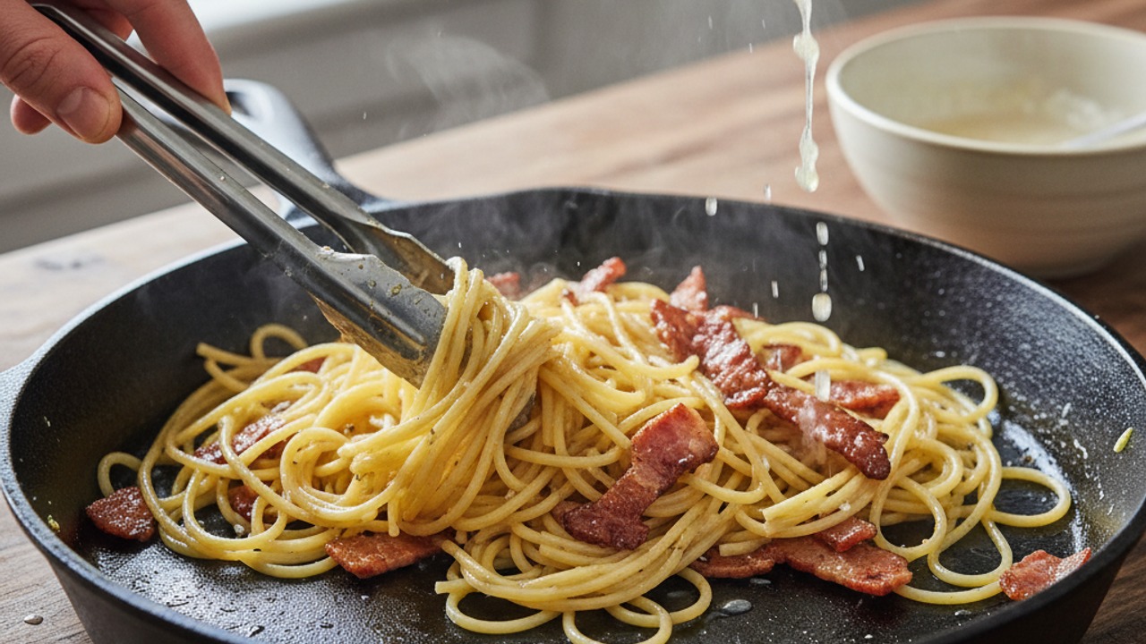 Combine pasta with guanciale and some pasta water