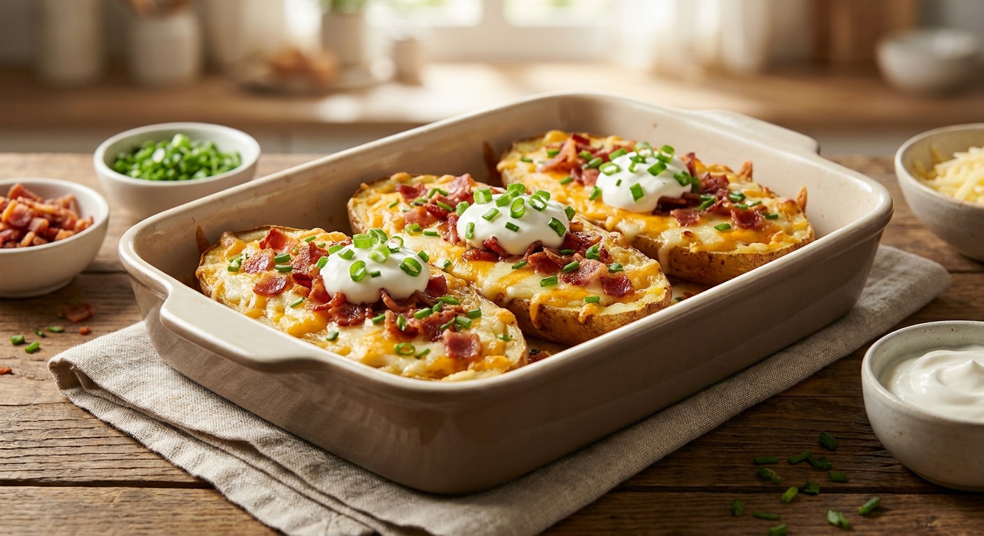 Twice-Baked Loaded Potato Skins with Bacon and Three Cheeses