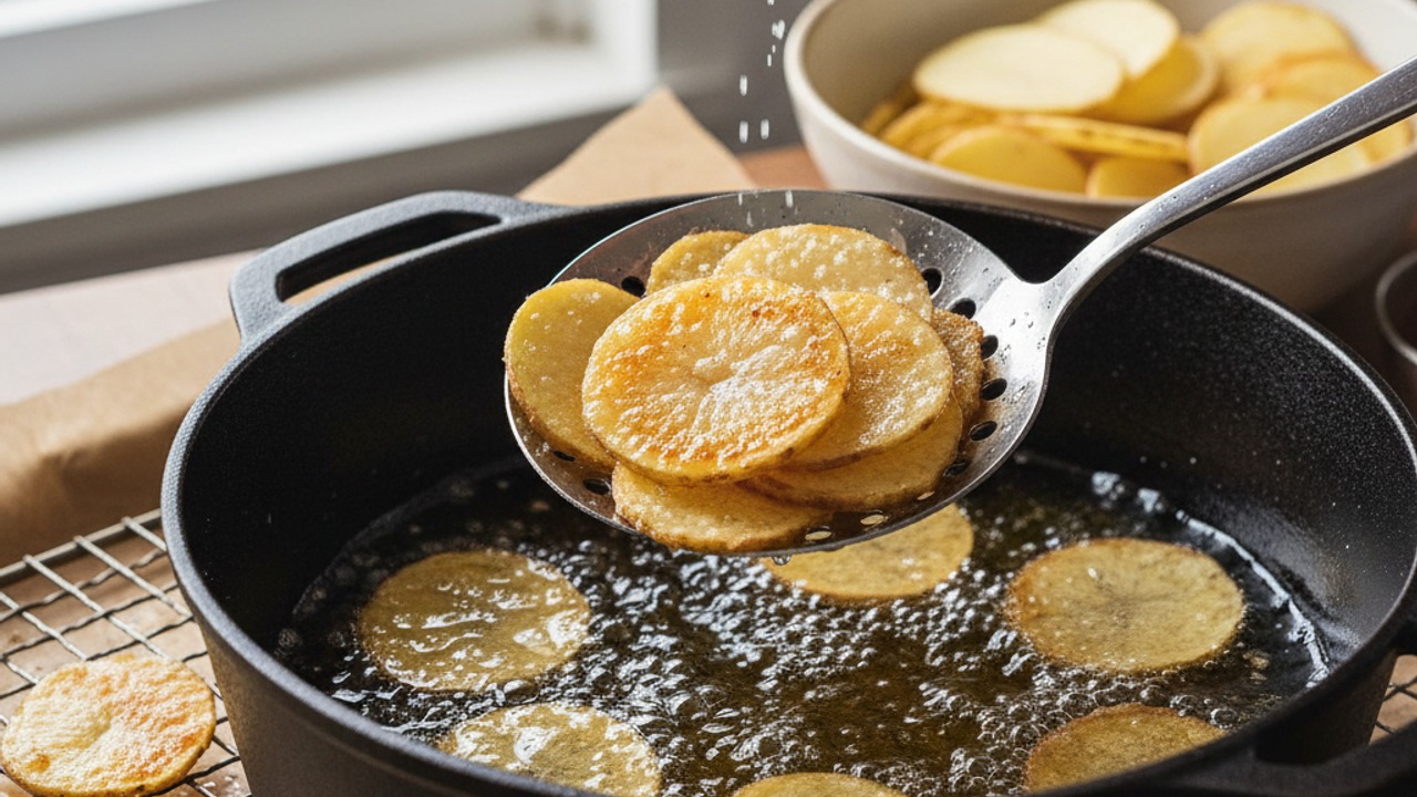 Fry the potato slices in batches