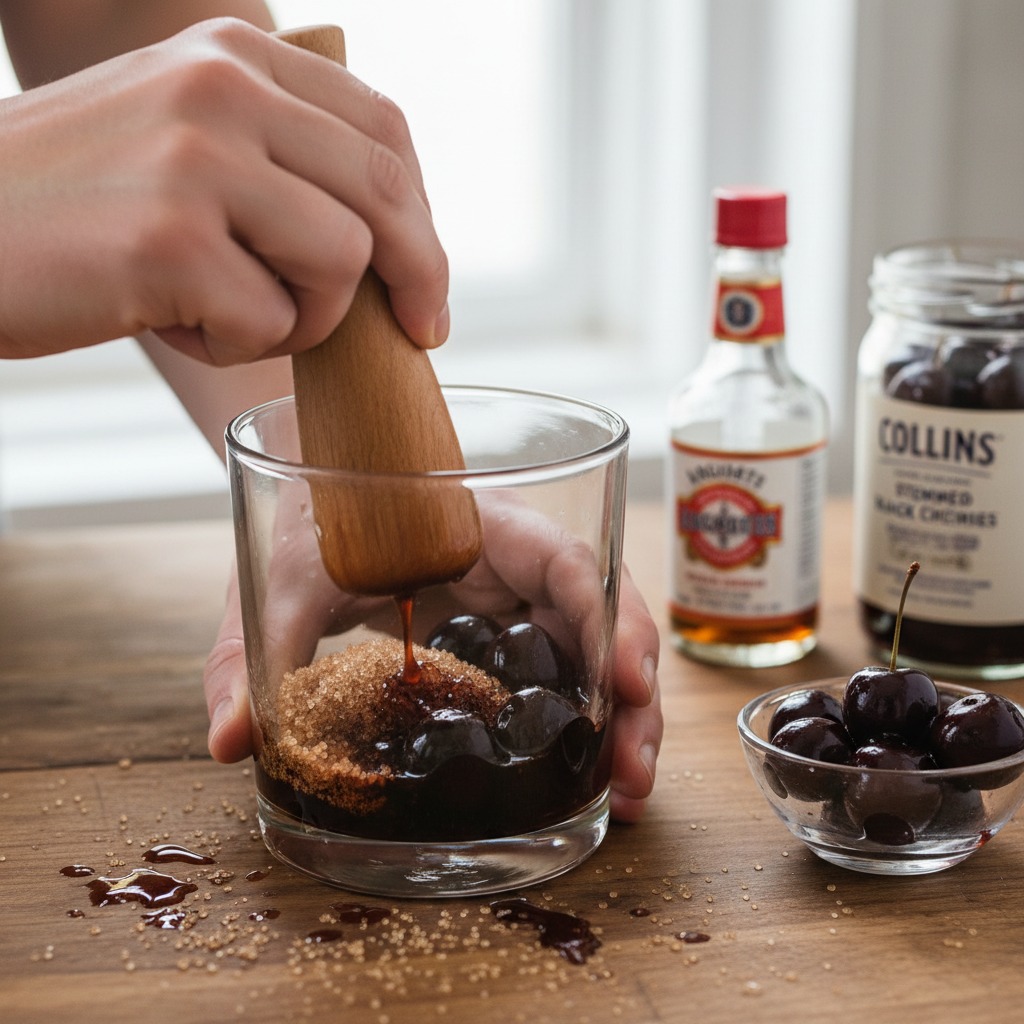 Muddle cherries with syrup, sugar and bitters