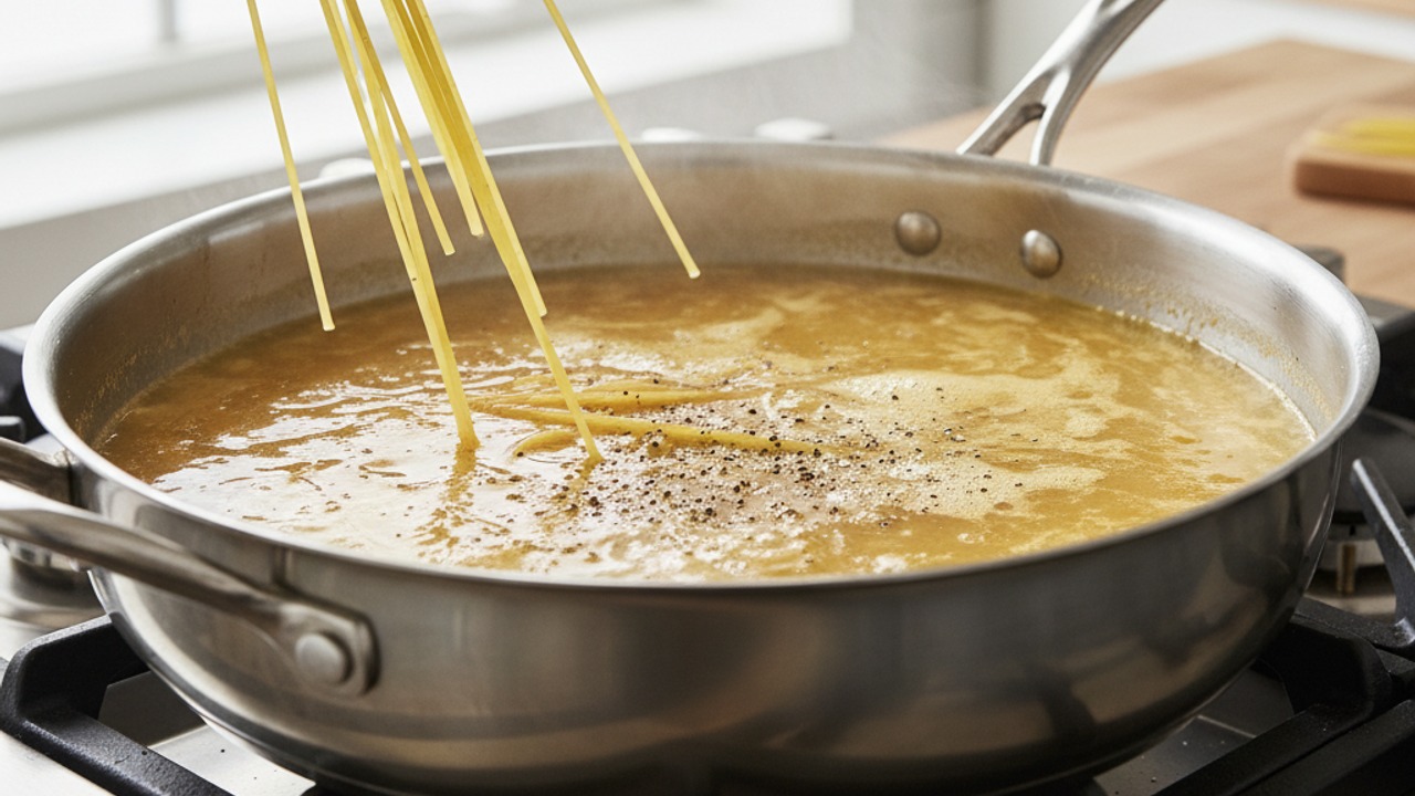 Add pasta and broth, bring to a boil
