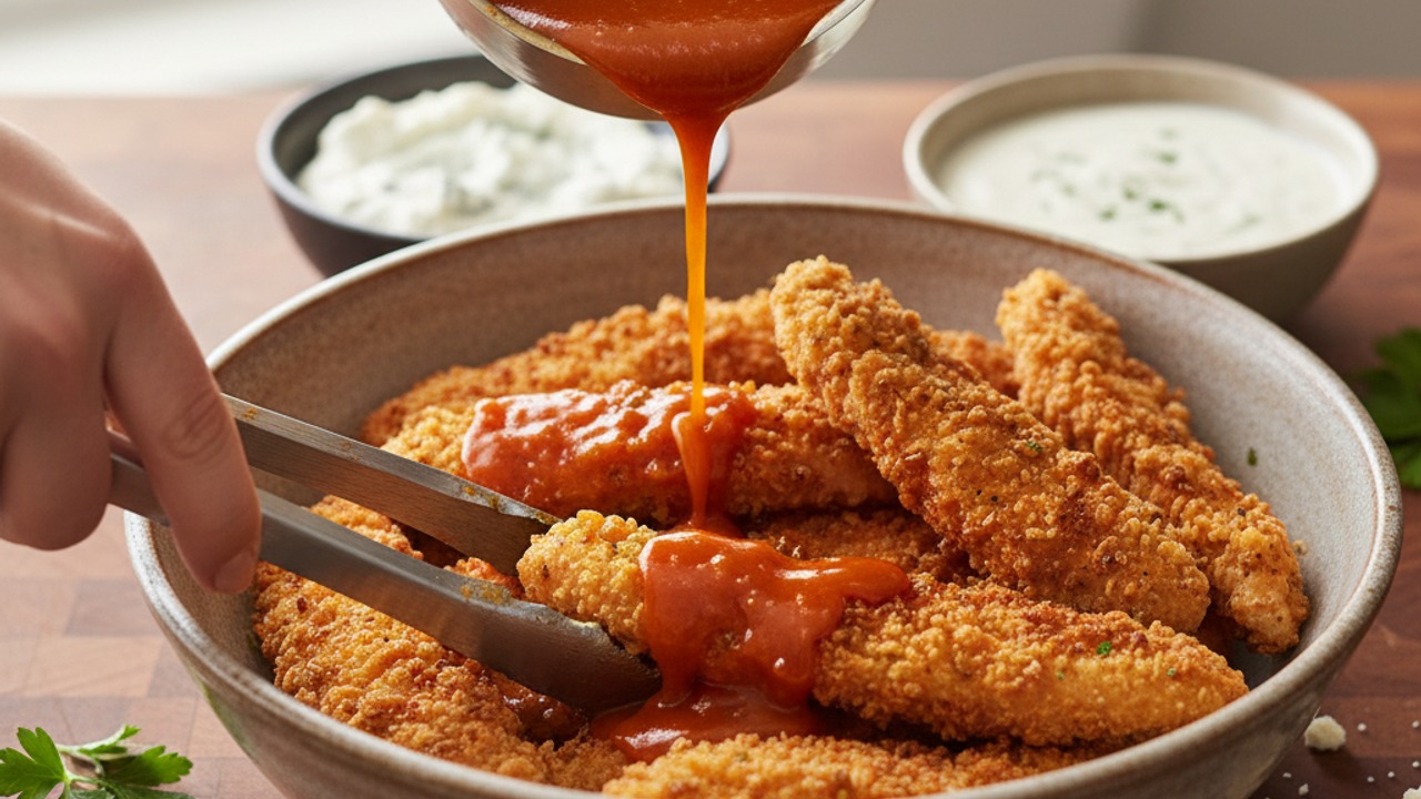 Make the buttery Buffalo sauce and toss