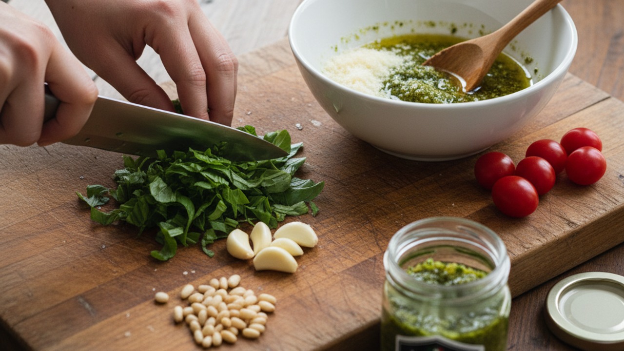 Make quick no-processor pesto (or use jarred)