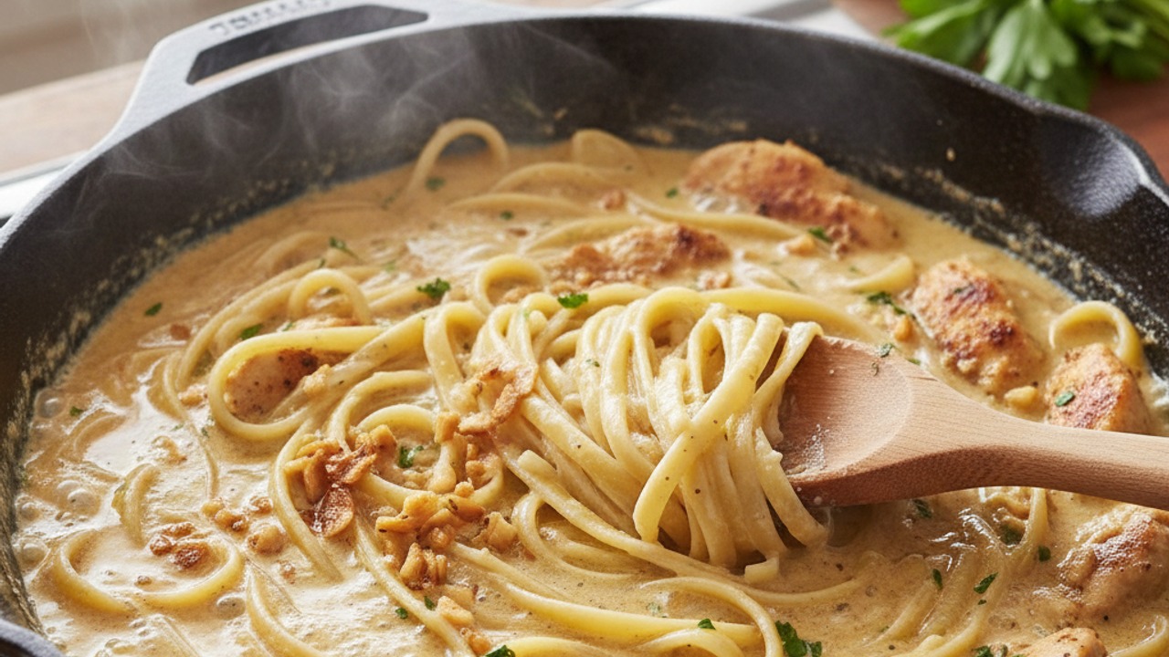Build the sauce and cook the pasta in the skillet