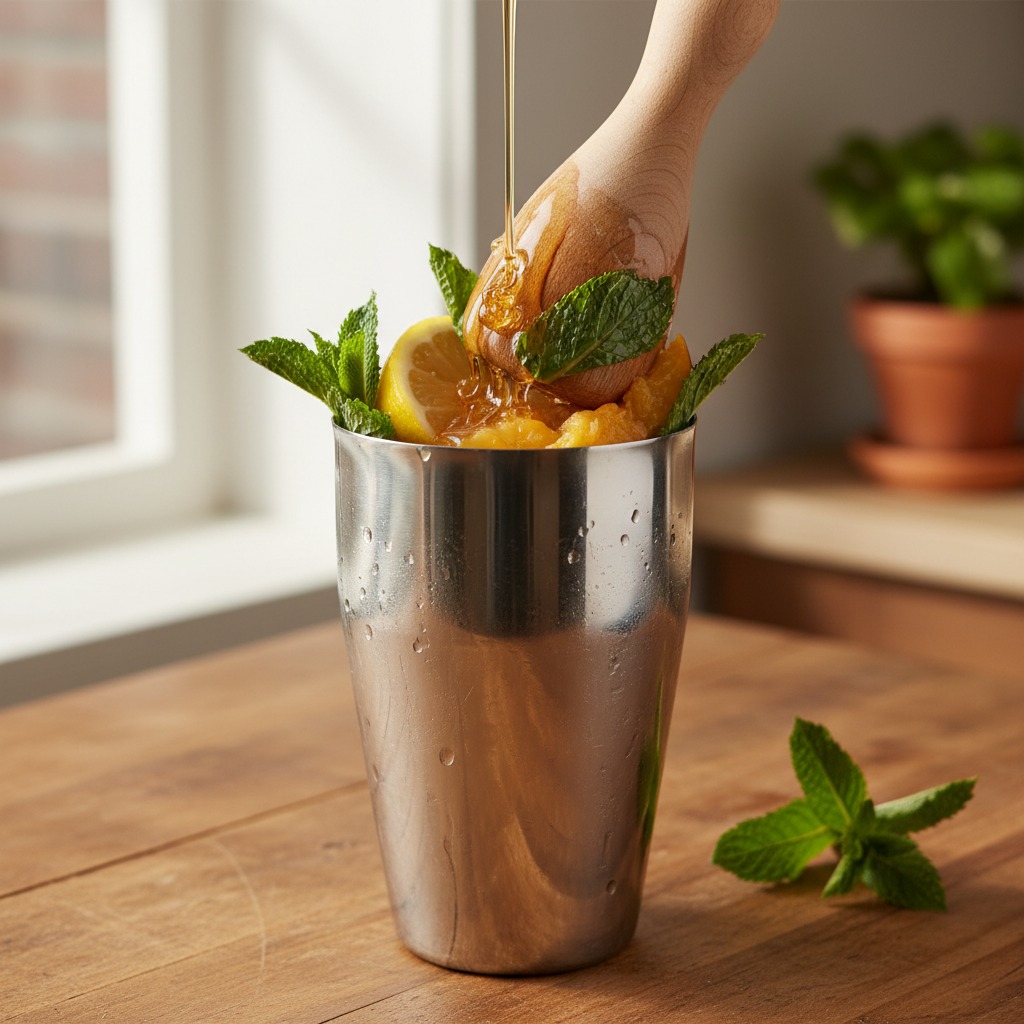 Muddle peaches, mint, lemon, and syrup