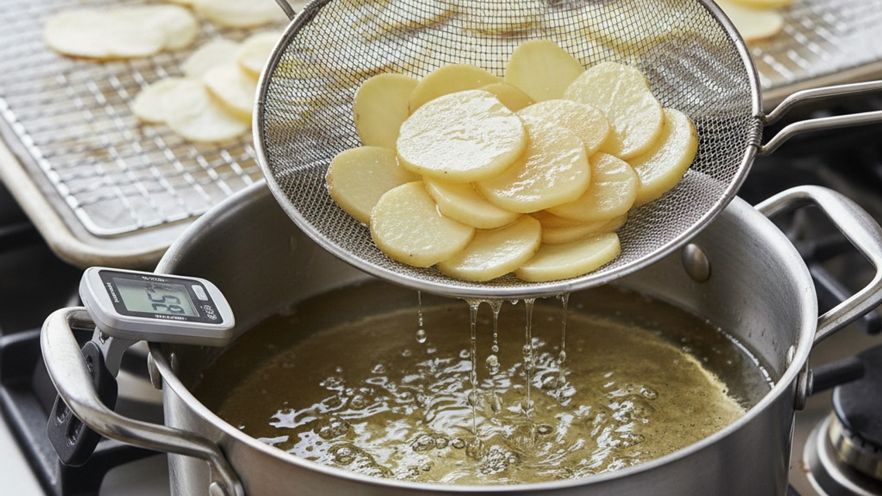 First fry (low temperature) — blanch