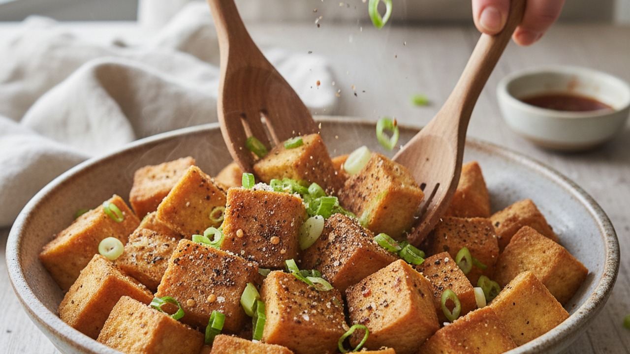 Toss tofu with seasoning and garnish