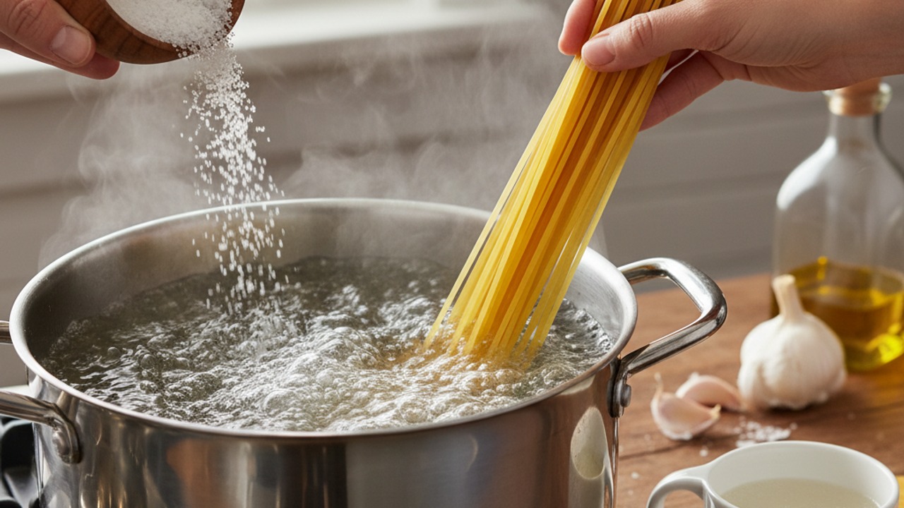 Boil salted pasta water and cook spaghetti