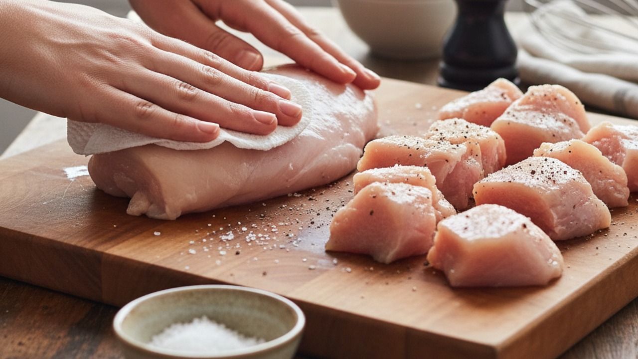Trim, cut and season the chicken